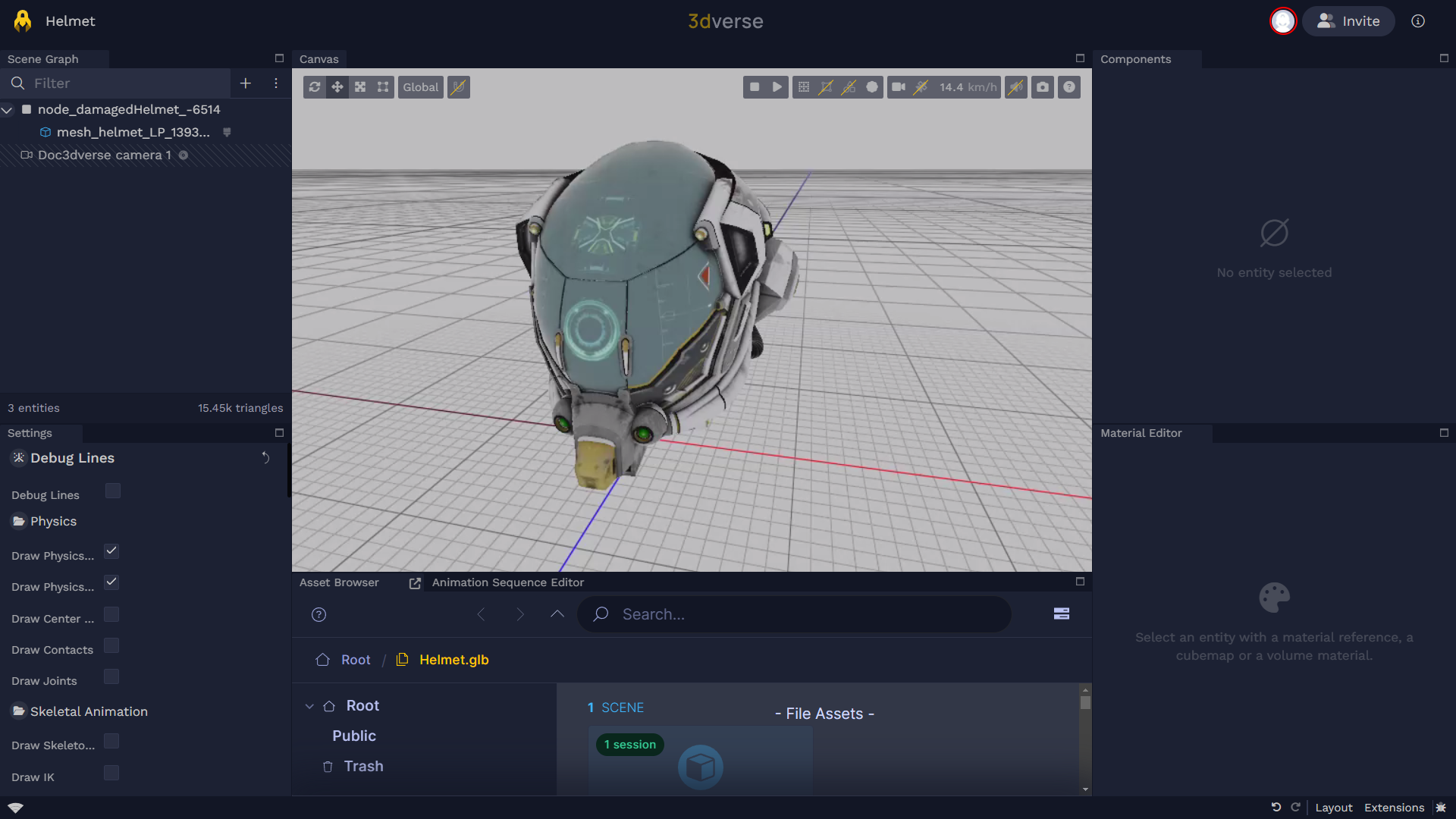3dverse Editor with various extensions like Scene Graph, Asset Browser, Components, Material Editor, and Canvas.