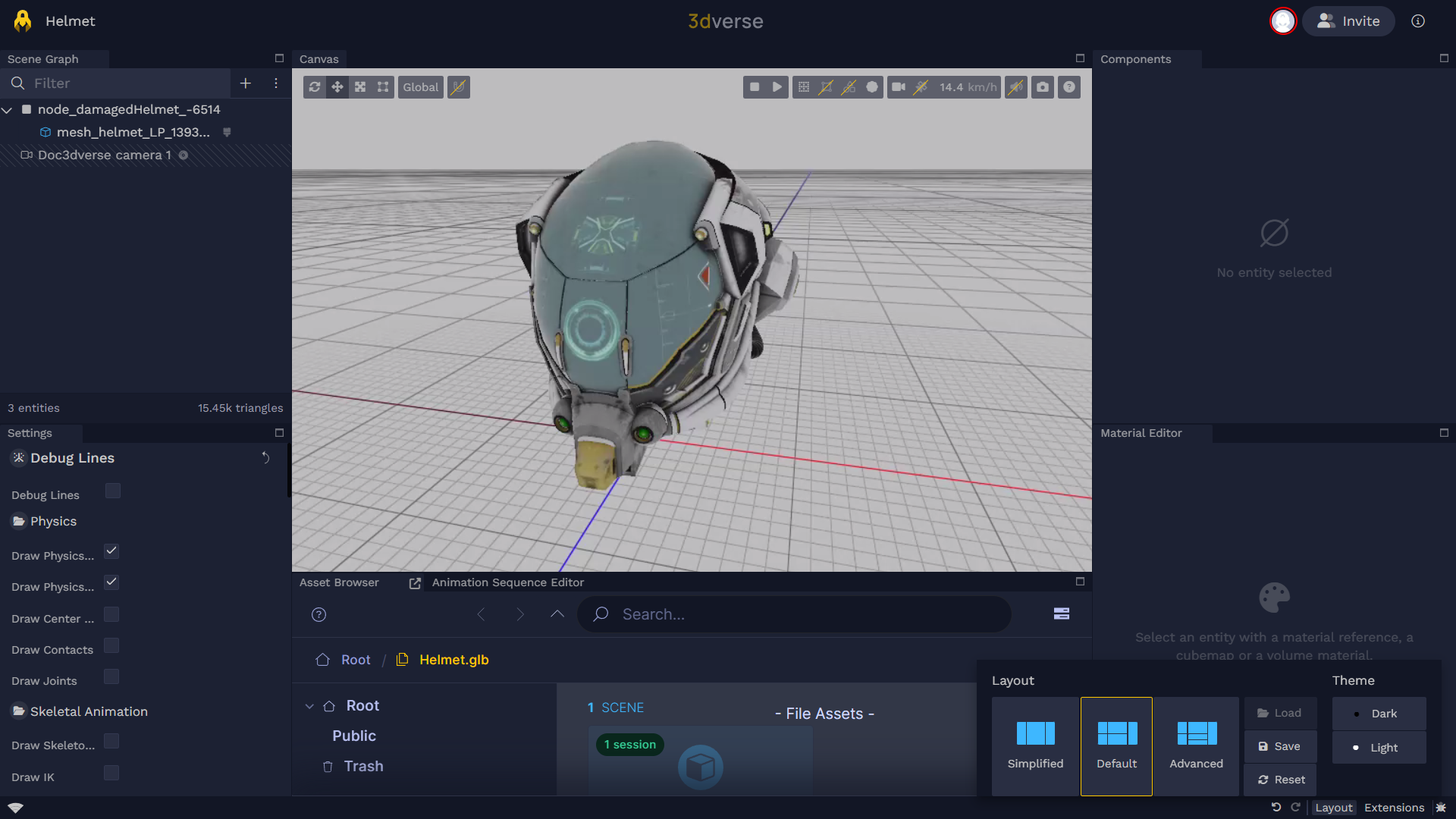 3dverse Editor layout menu.