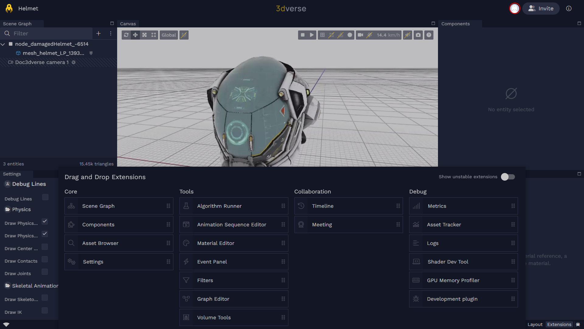 3dverse Editor with various extensions like Scene Graph, Asset Browser, Components, Material Editor, and Canvas.