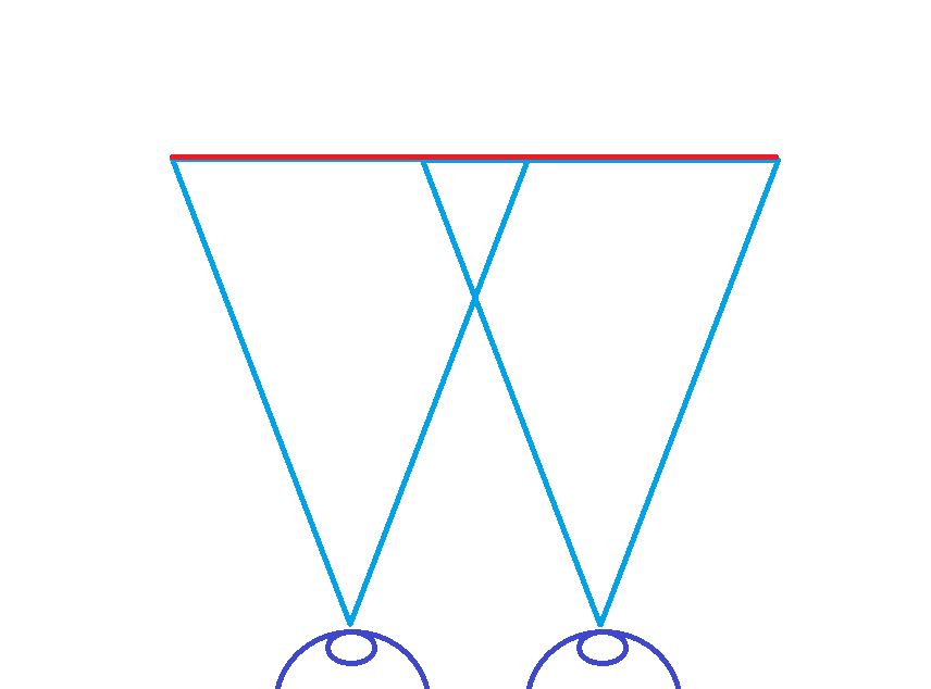 Two static camera (in purple) looking (field of view in blue) at the plane (in red) where the remote frame is drawn.