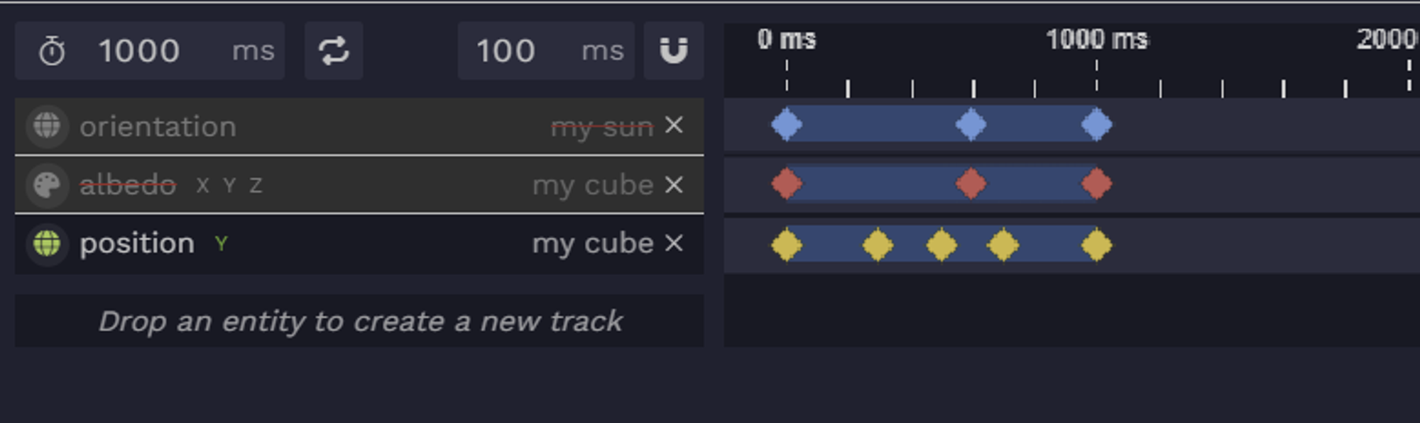 The first track is disabled because the entity ‘my sun’ was deleted in the scene graph. The second track is disabled because the material component on the entity ‘my cube’ was deleted. If you reattach the material component to ‘my cube’, the second track will be enabled again.