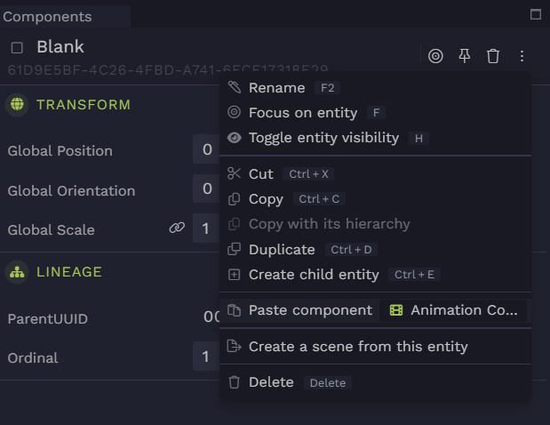 Click on three dots on the top right to pull up the entity context menu (same as right clicking an entity on the scene graph). You can paste the component you copied here.