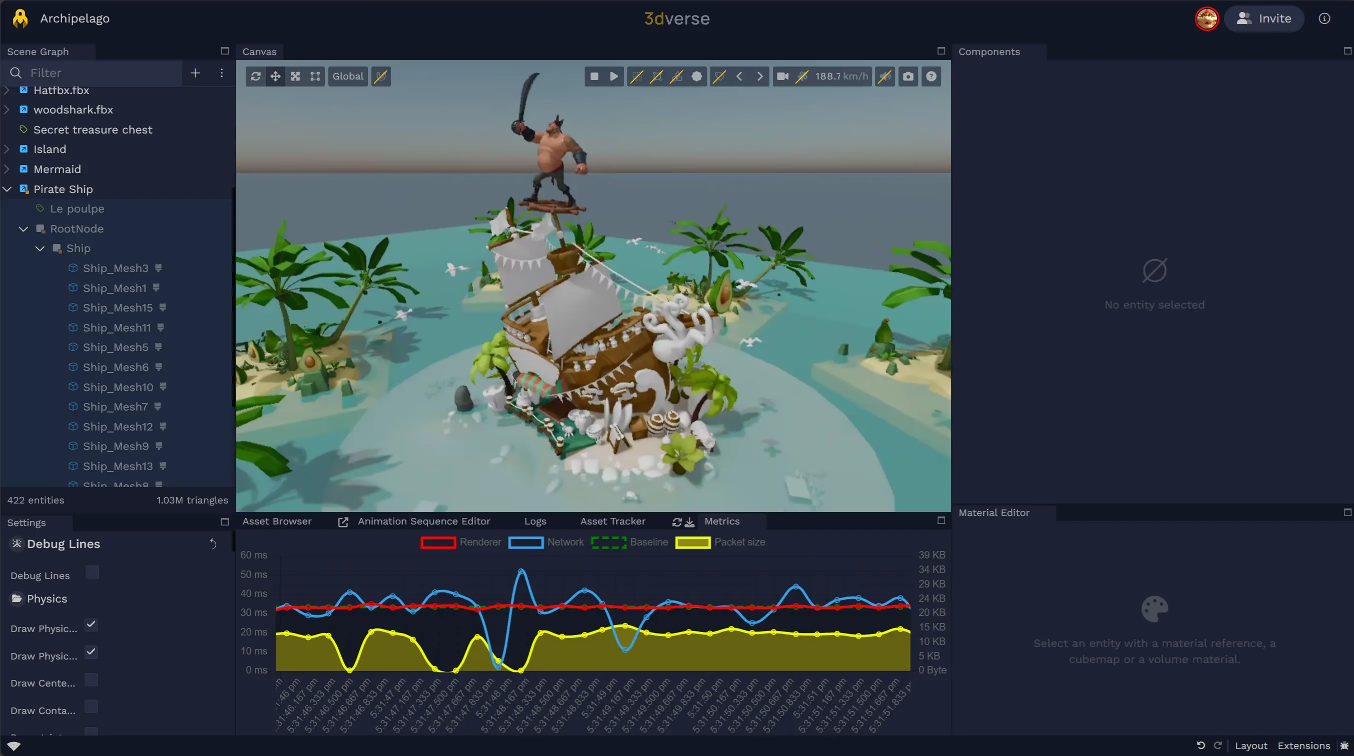Monitoring the performance of your scene using the metrics panel.