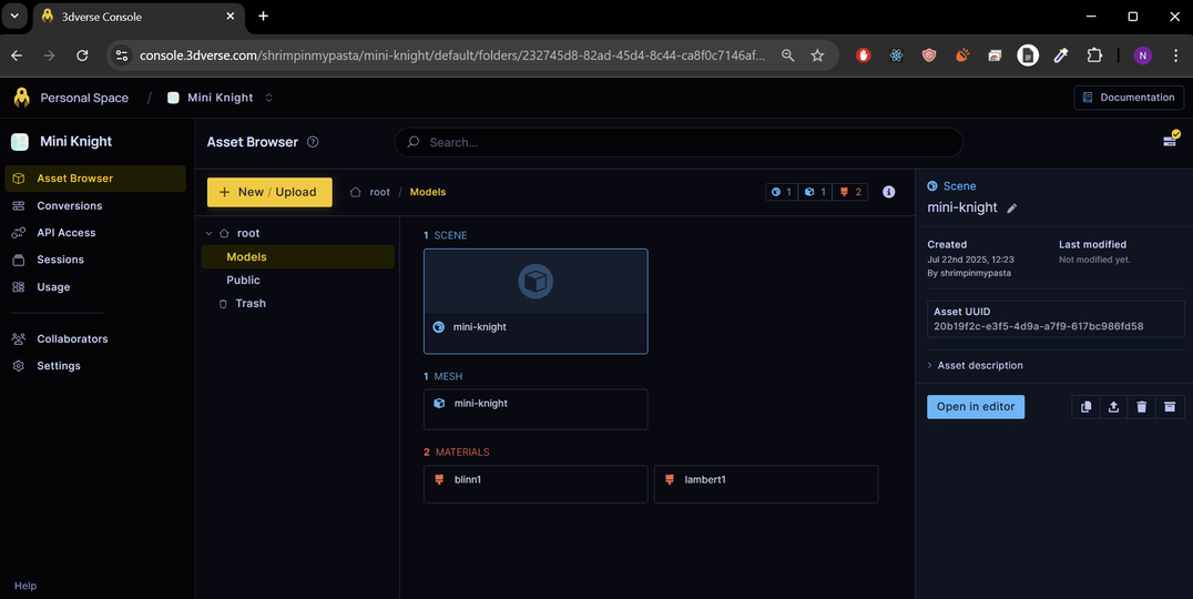 The 3dverse Asset Browser in the Console project page.
