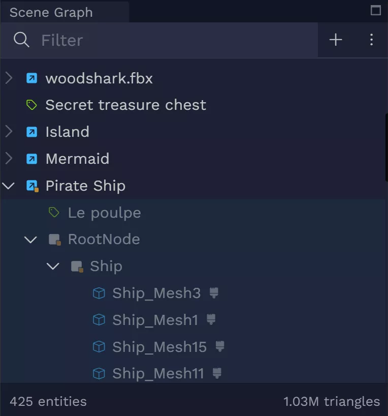 Scene graph showing the total number of entities and triangle count.