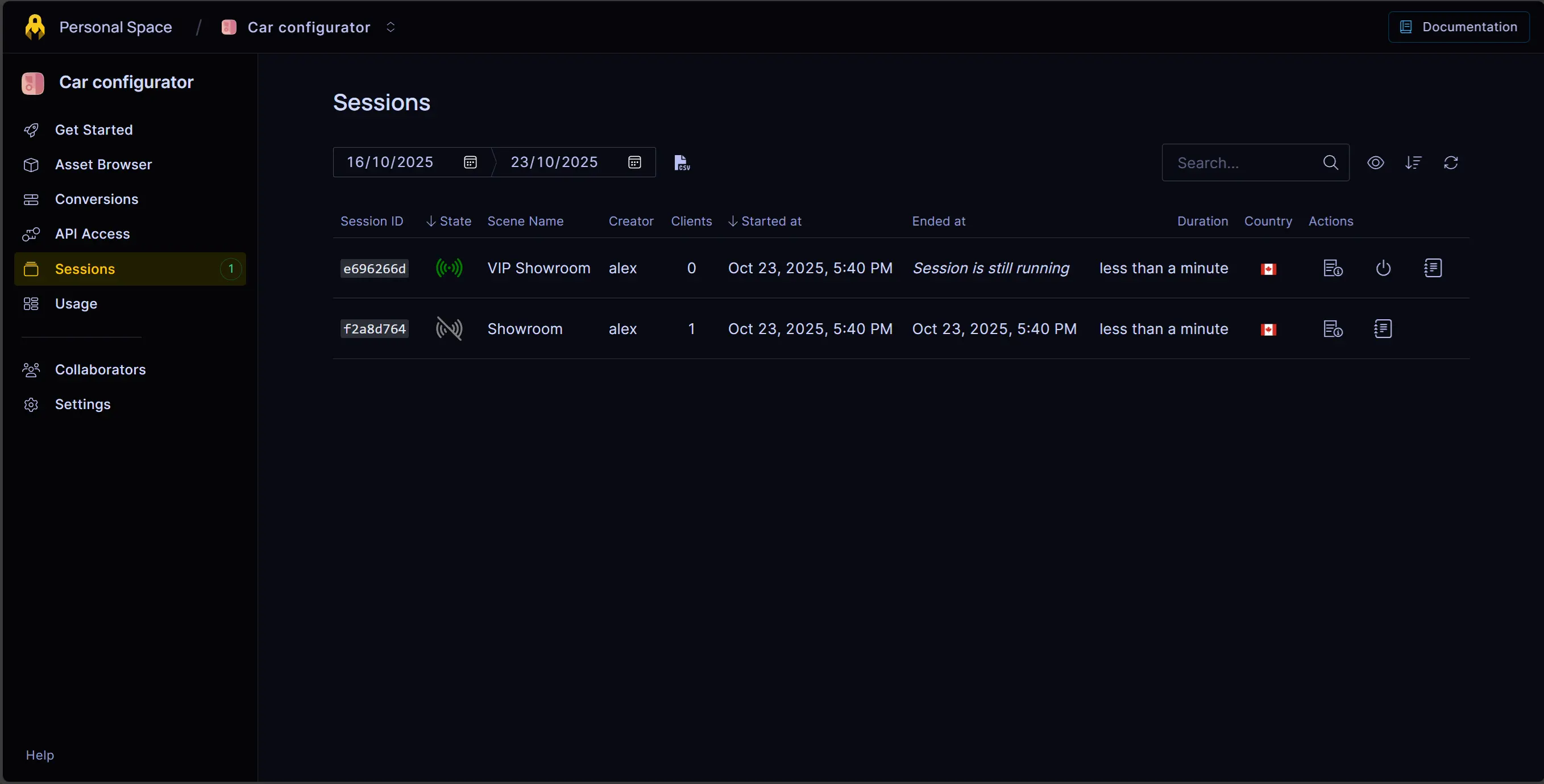 Joining an active session from the 3dverse console.