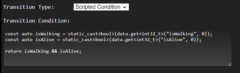 If the two animation controller inputs “isWalking” and “isAlive” are true, then this transition will trigger.