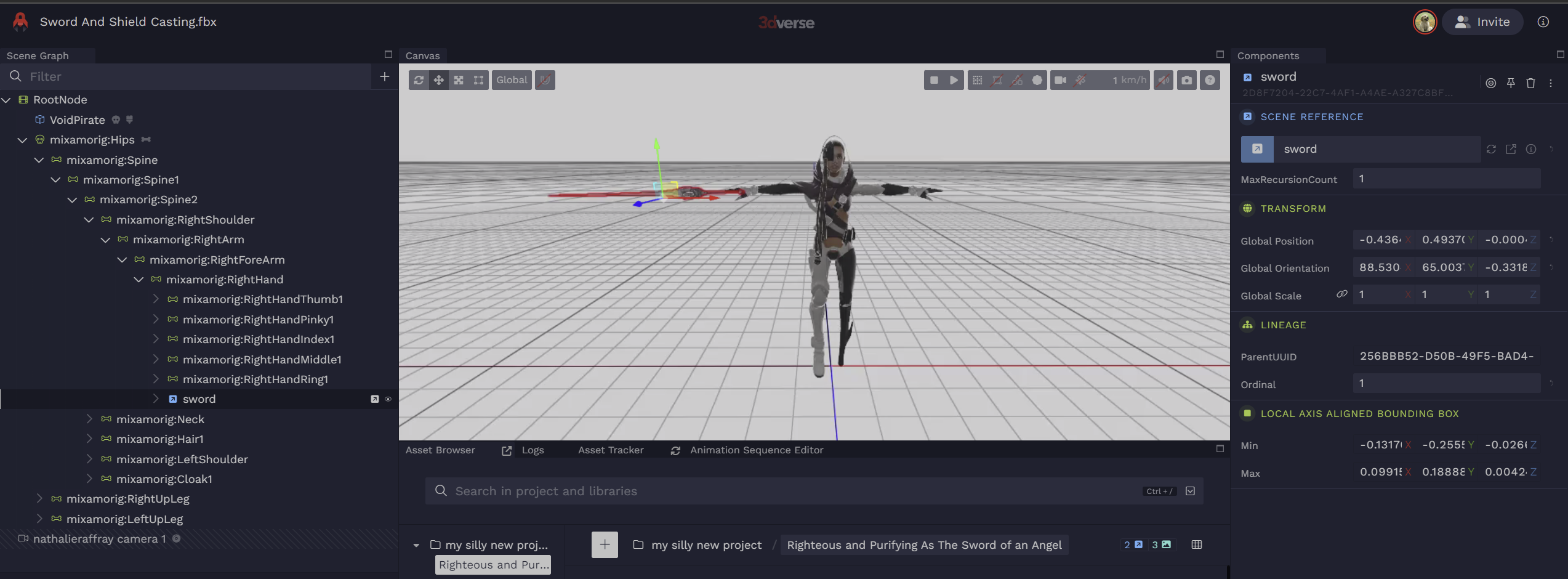 First I place my sword in the skeleton hierarchy where I want it (under the RightHand bone makes sense). Then I position my sword exactly where I want it with my character in T Pose, as it is easier to do so in T Pose than if it’s animating. Quick way to put your character in TPose is to remove the animation graph from the animation controller temporarily.