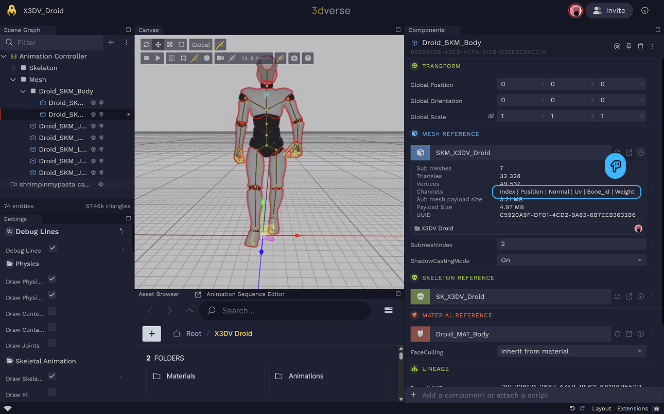 Click on info near the mesh in the mesh reference component to view the vertex channels in the mesh. This mesh has bone id and bone weight channels and is therefore skinned.