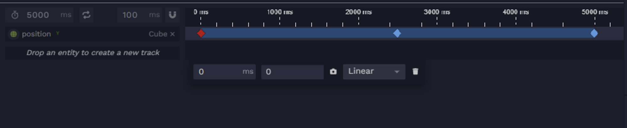 Click on a key (the diamond) to modify it. The key you are modifying will turn red. From left to right, you can modify the key’s time, value and the easing function which will impact the way time passes from that key to the next.