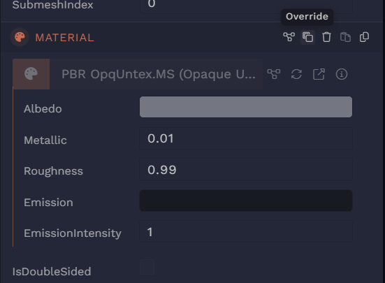 This entity underneath your linker is read only. Its components are greyed out, and you cannot modify them. Click override on Material component to edit it.