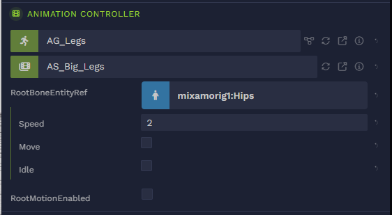 speed (float), move (bool), idle (bool) are specified in the animation controller input editor and so show up in the animation controller.