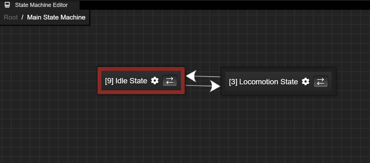 Idle State is the entry state and has a transition to the Locomotion State. Locomotion State also has a transition to Idle State.