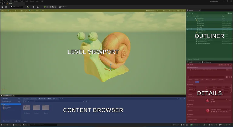 The Unreal editor interface layout with labeled and highlighted panels.