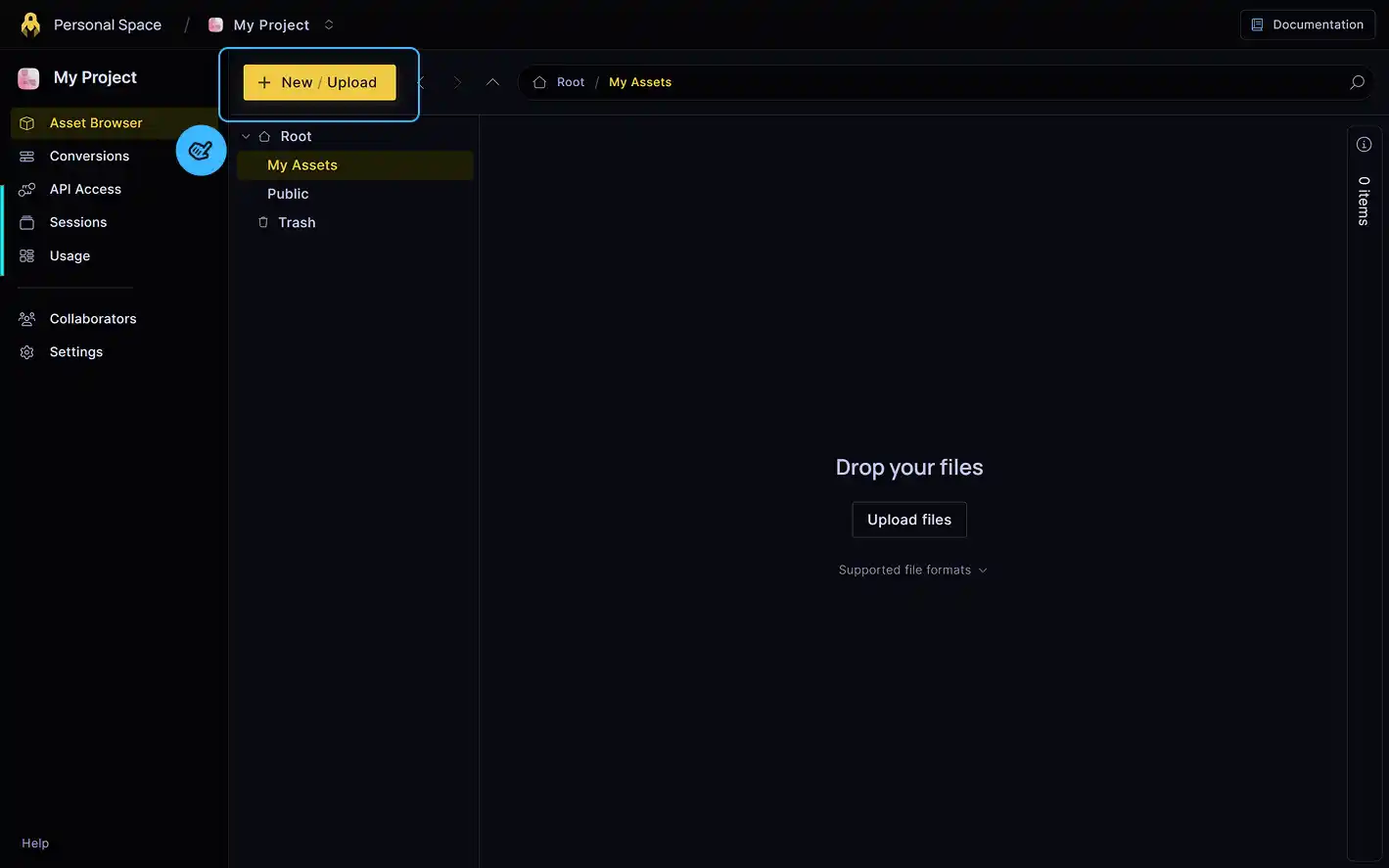 Uploading a file via the console.