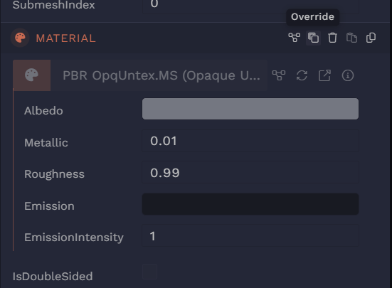 This entity underneath your linker is read only. Its components are greyed out, and you cannot modify them. Click <q>Override</q> on Material component to edit it.